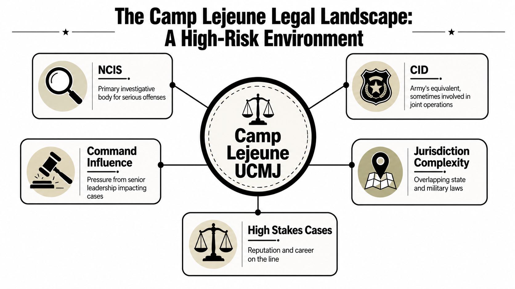 Military Defense Lawyers Marine Corps Base Camp Lejeune NC 1 A diagram illustrating the high-risk legal environment and various factors involved in Camp Lejeune UCMJ cases.
