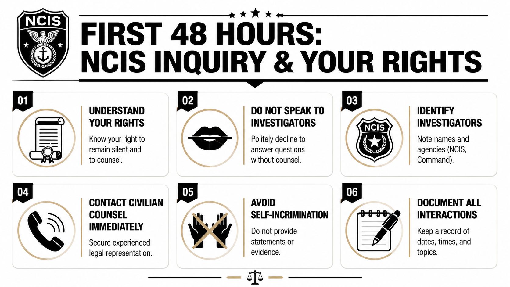 Military Defense Lawyers Marine Corps Base Camp Lejeune NC 2 An infographic detailing six essential legal rights and steps to take during an NCIS criminal investigation.