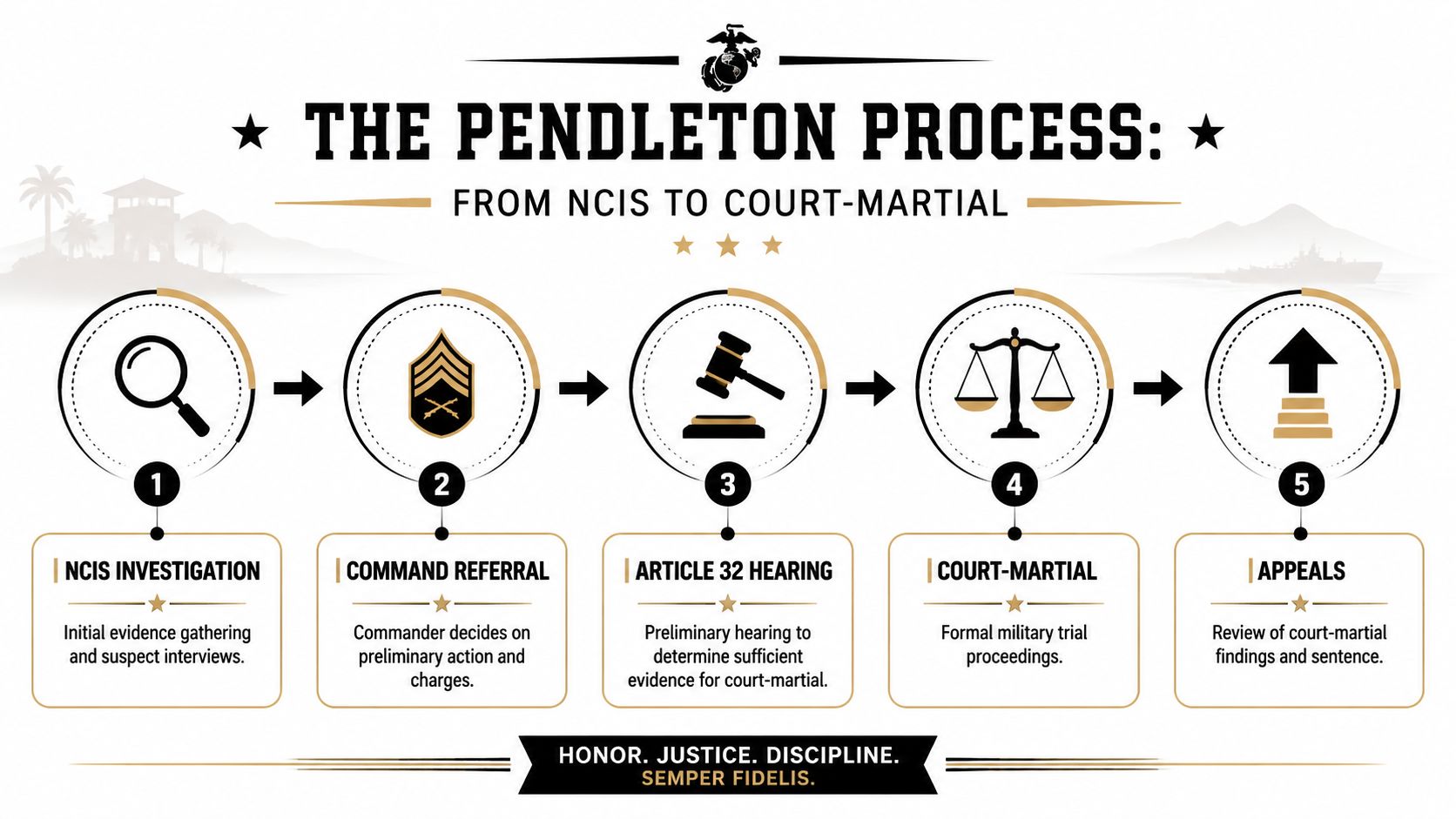 Military Defense Lawyers Marine Corps Base Camp Pendleton CA 1 A flowchart infographic titled The Pendleton Process illustrating five stages from NCIS investigation to military appeals.