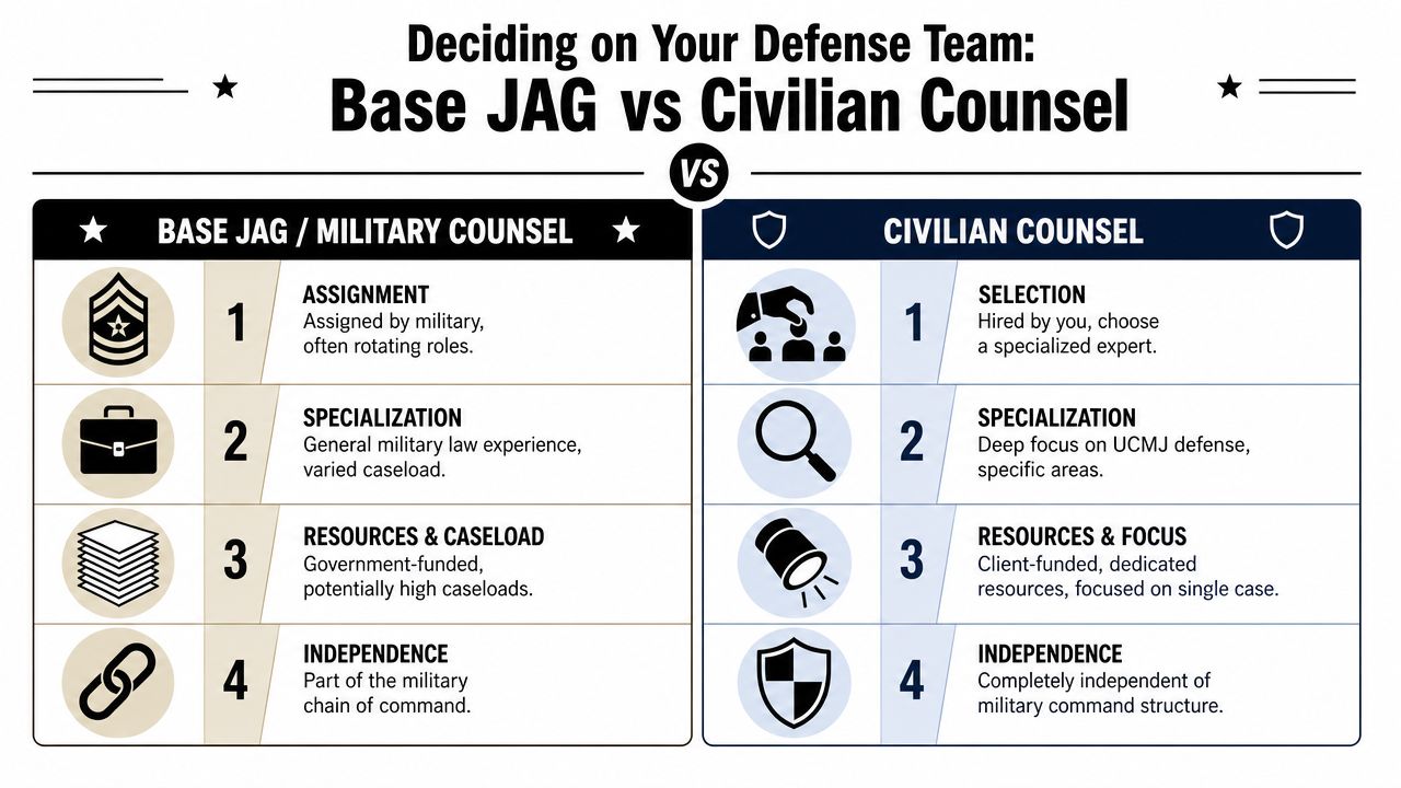 Military Defense Lawyers Naval Air Station Oceana VA 50 A comparison chart outlining the differences between military-appointed JAG lawyers and private civilian defense counsel for service members.