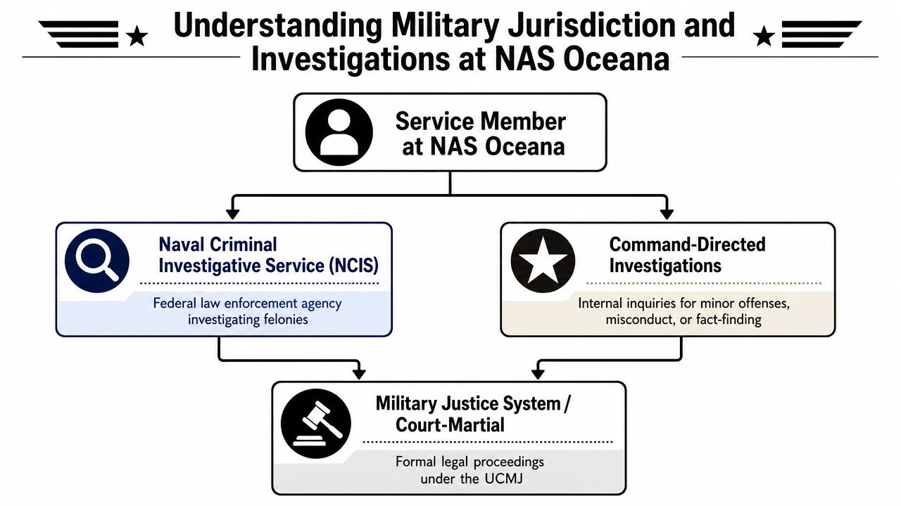 Military Defense Lawyers Naval Air Station Oceana VA 47 A flow chart explaining the military investigation and justice process for service members at NAS Oceana.