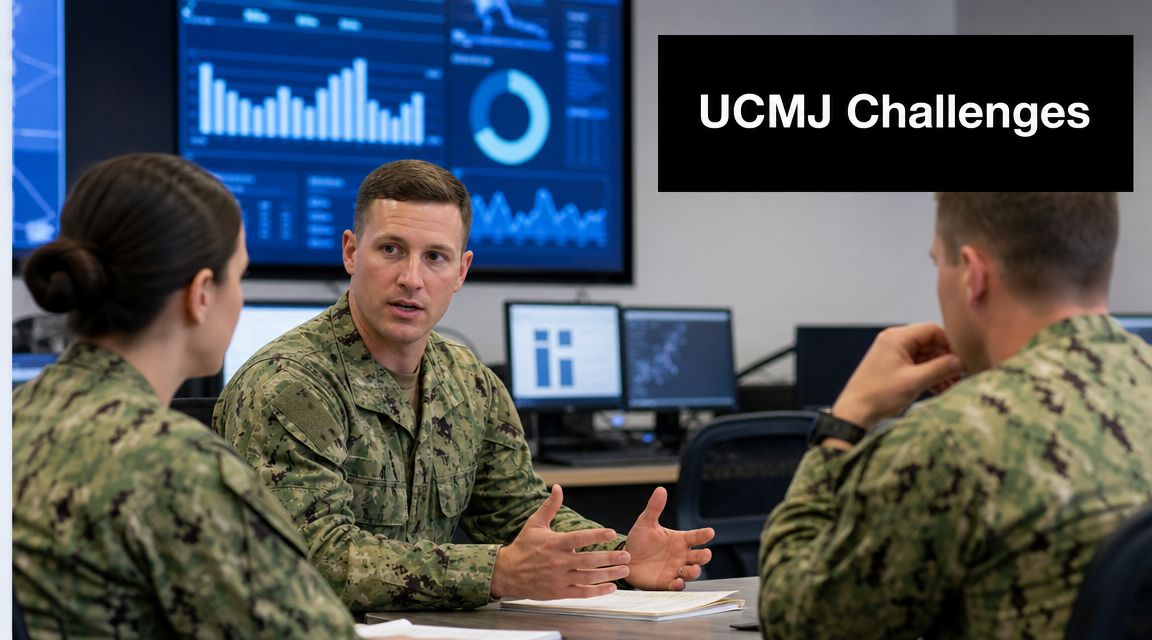 Military Defense Lawyers Naval Air Station Oceana VA 48 US Navy officers in camouflage uniforms discussing UCMJ challenges in a modern office with data monitors.