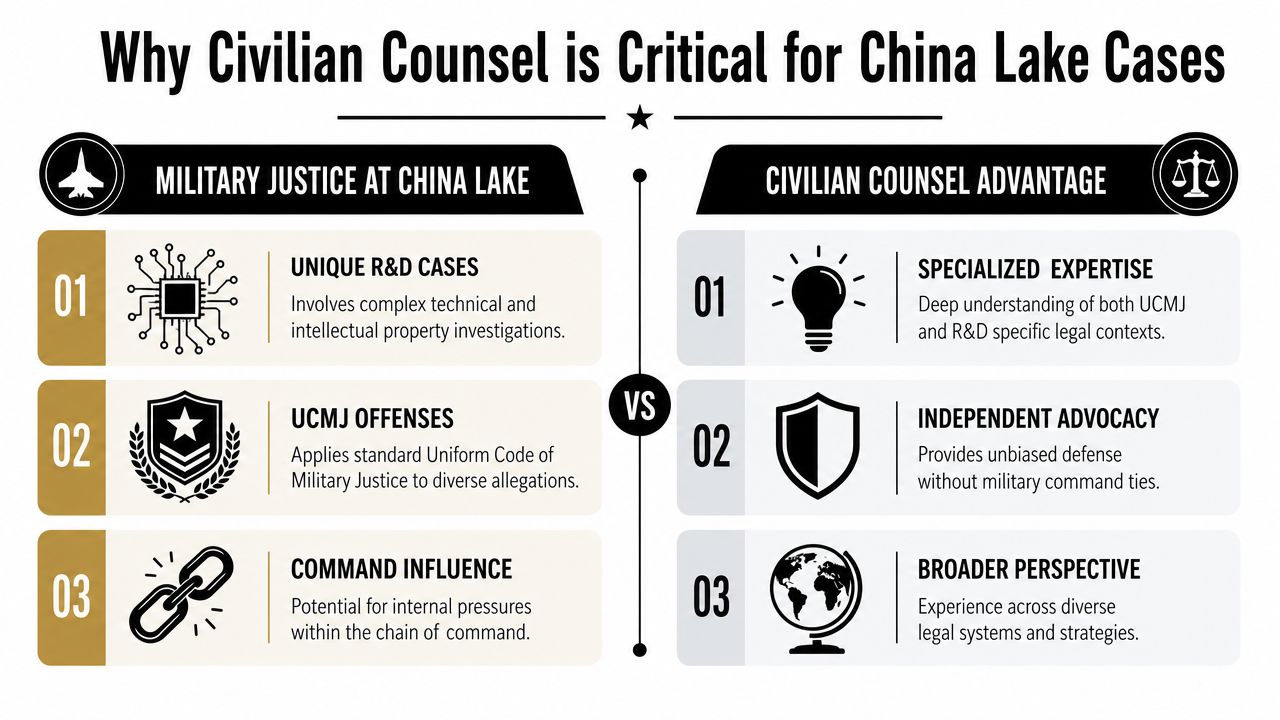 Top Military Defense Lawyers Naval Air Weapons Station China Lake CA 41 A comparison chart showing why civilian counsel is critical for legal cases at Naval Air Weapons Station China Lake.