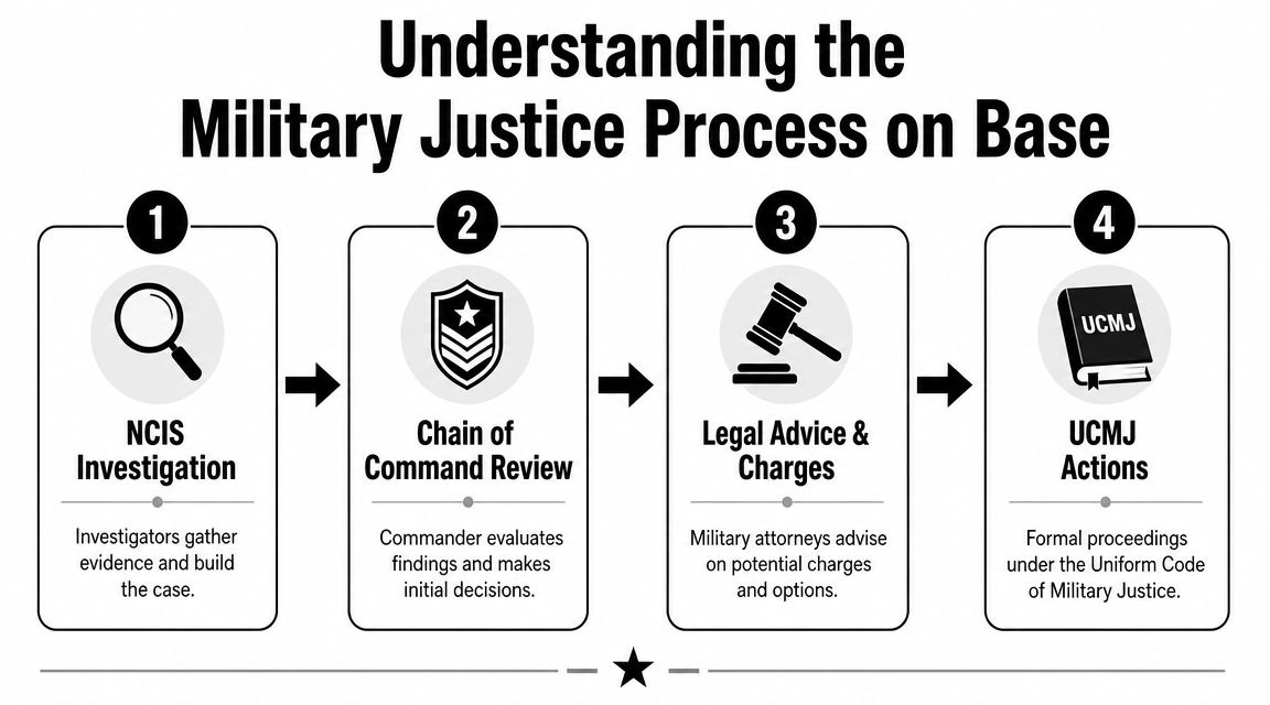 Top Military Defense Lawyers Naval Air Weapons Station China Lake CA 39 A four-step infographic illustrating the military justice process on base, including investigation, command review, and legal actions.