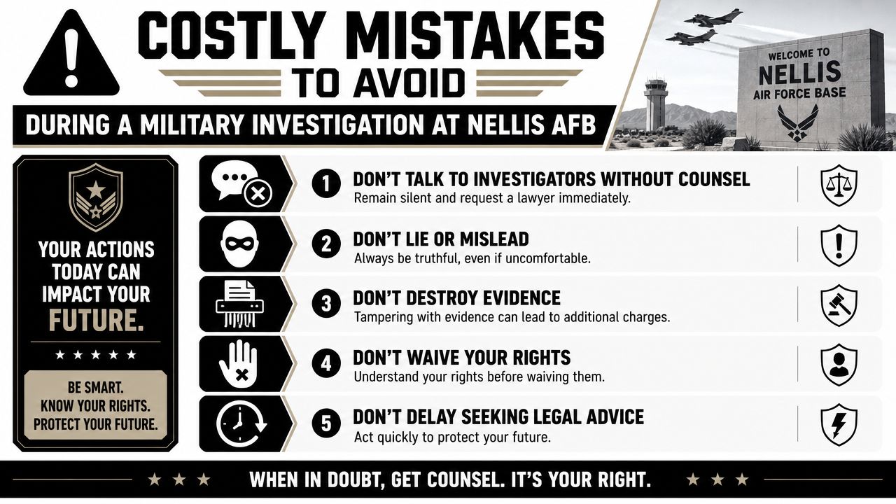 Military Defense Lawyers Nellis Air Force Base NV 26 An infographic detailing five costly mistakes to avoid during a military investigation at Nellis Air Force Base.