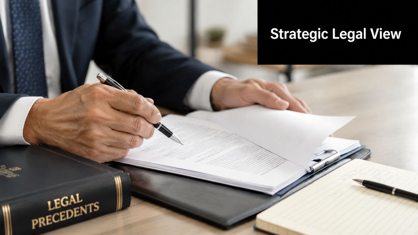Military Defense Lawyers Wright-patterson Air Force Base OH 2 A professional lawyer in a suit reviewing legal documents at a wooden desk with a reference book.
