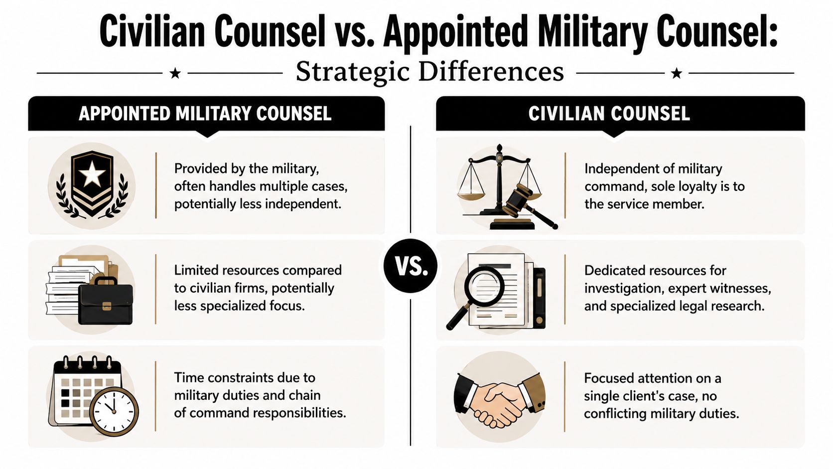 A comparison infographic showing differences between military-appointed counsel and private civilian counsel for court-martial cases.
