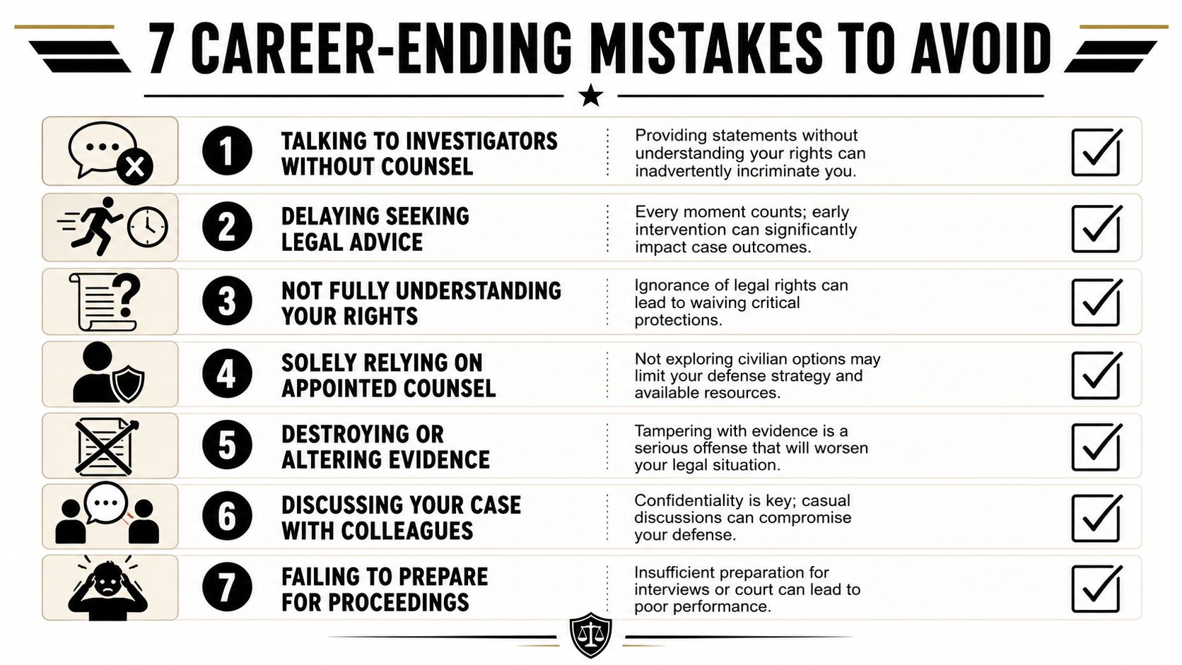A list of seven career-ending legal mistakes to avoid during military or legal investigations.