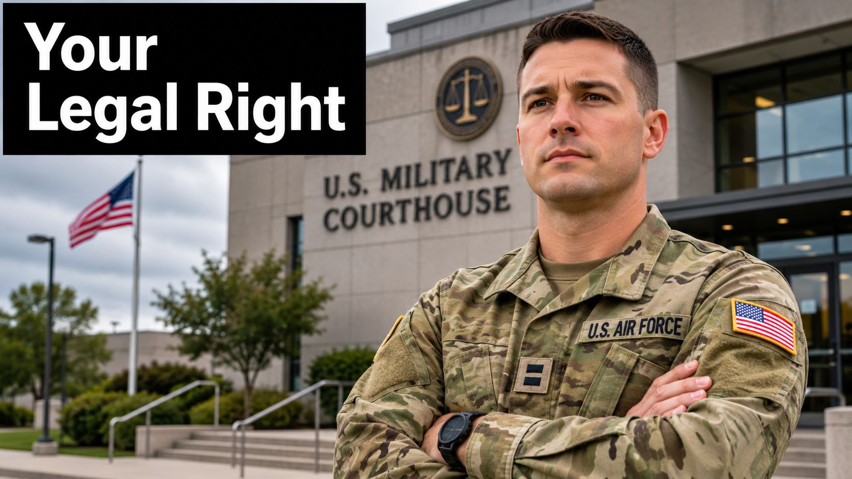 A professional U.S. Air Force officer standing confidently in front of a military courthouse building.