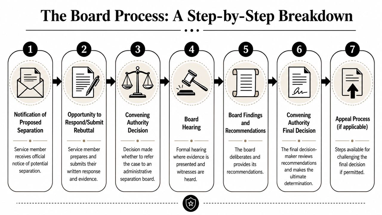 Civilian Military Defense Lawyer for Administrative Separation Boards 1 A seven-step infographic explaining the administrative separation board process for military service members.
