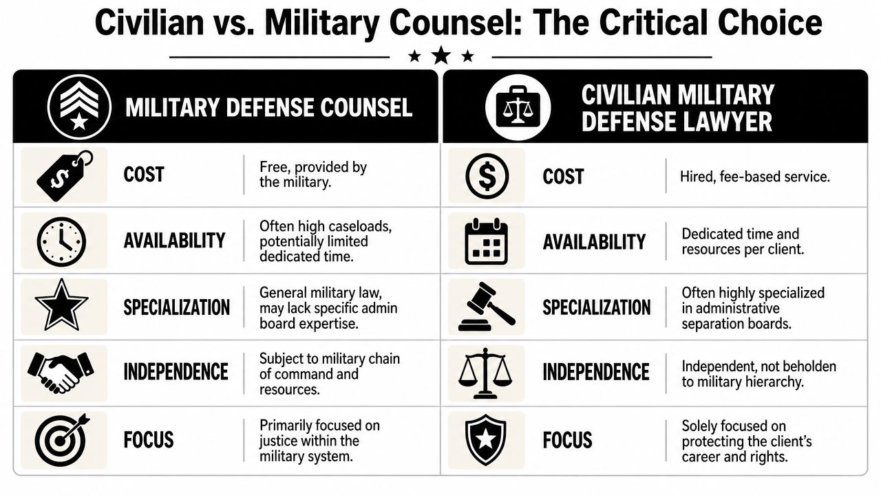 Civilian Military Defense Lawyer for Administrative Separation Boards 2 A comparison chart outlining differences between military defense counsel and civilian military defense lawyers for legal representation.