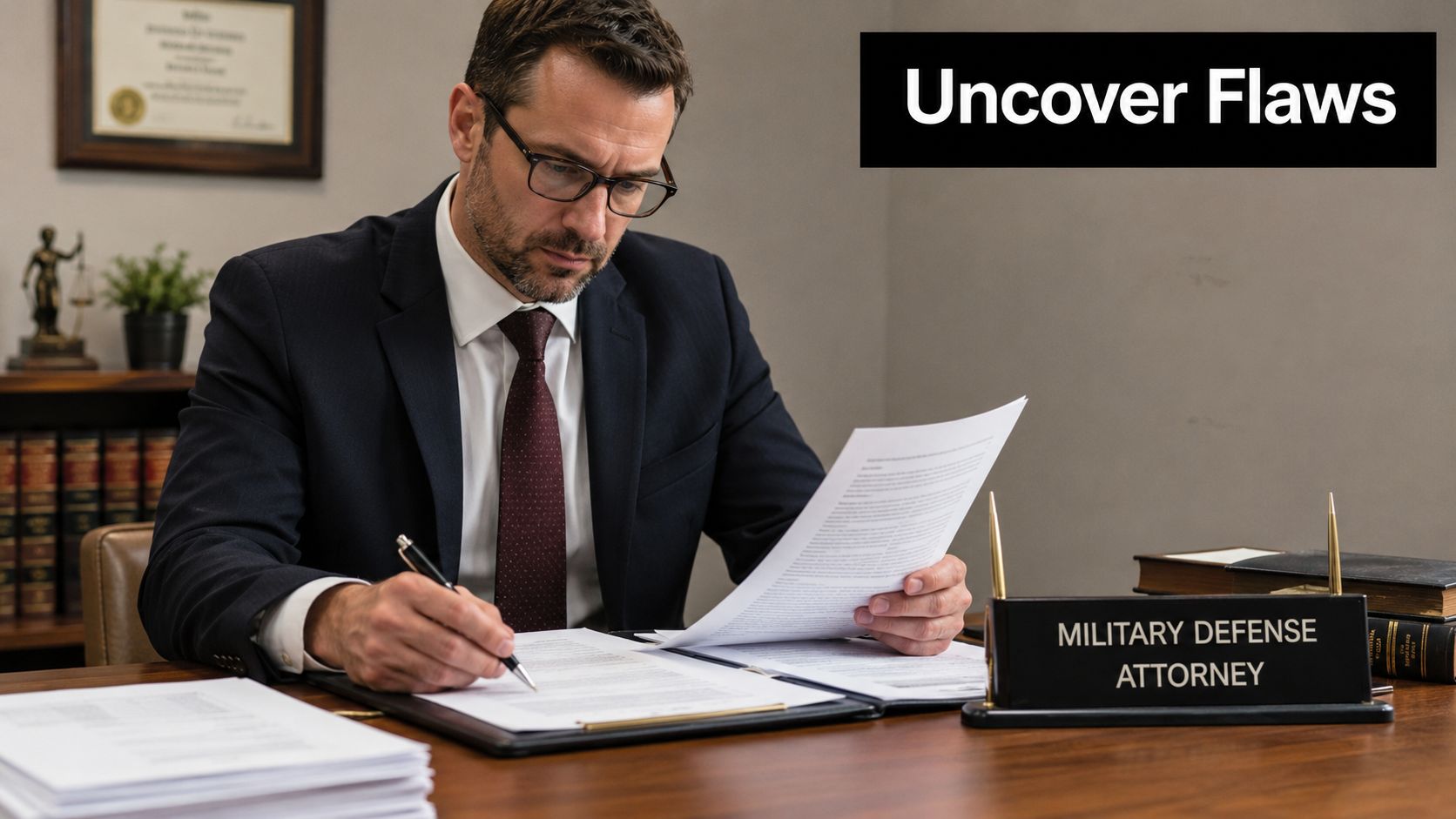 Civilian Military Defense Lawyer for Domestic Violence Charges in the Military 3 A professional military defense attorney reviewing legal documents while working at his desk in an office.
