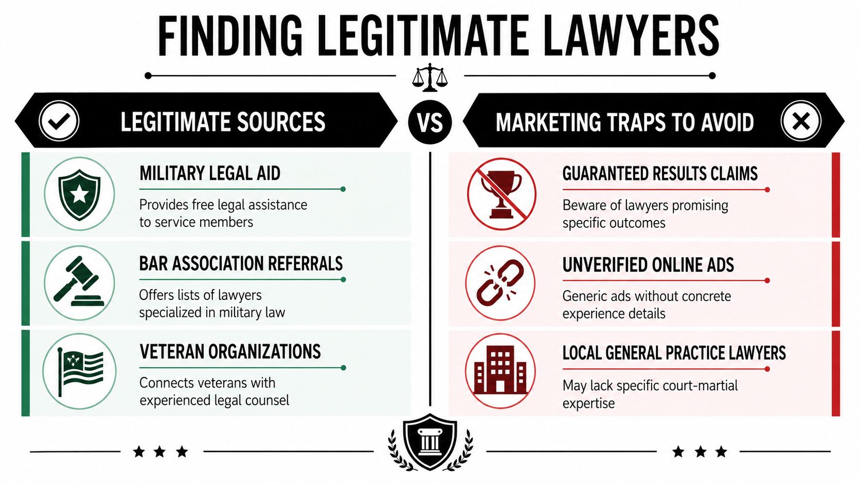 How to Find a Civilian Military Defense Lawyer with Court-Martial Experience 1 An infographic comparing legitimate legal sources for military personnel against misleading marketing traps to avoid.