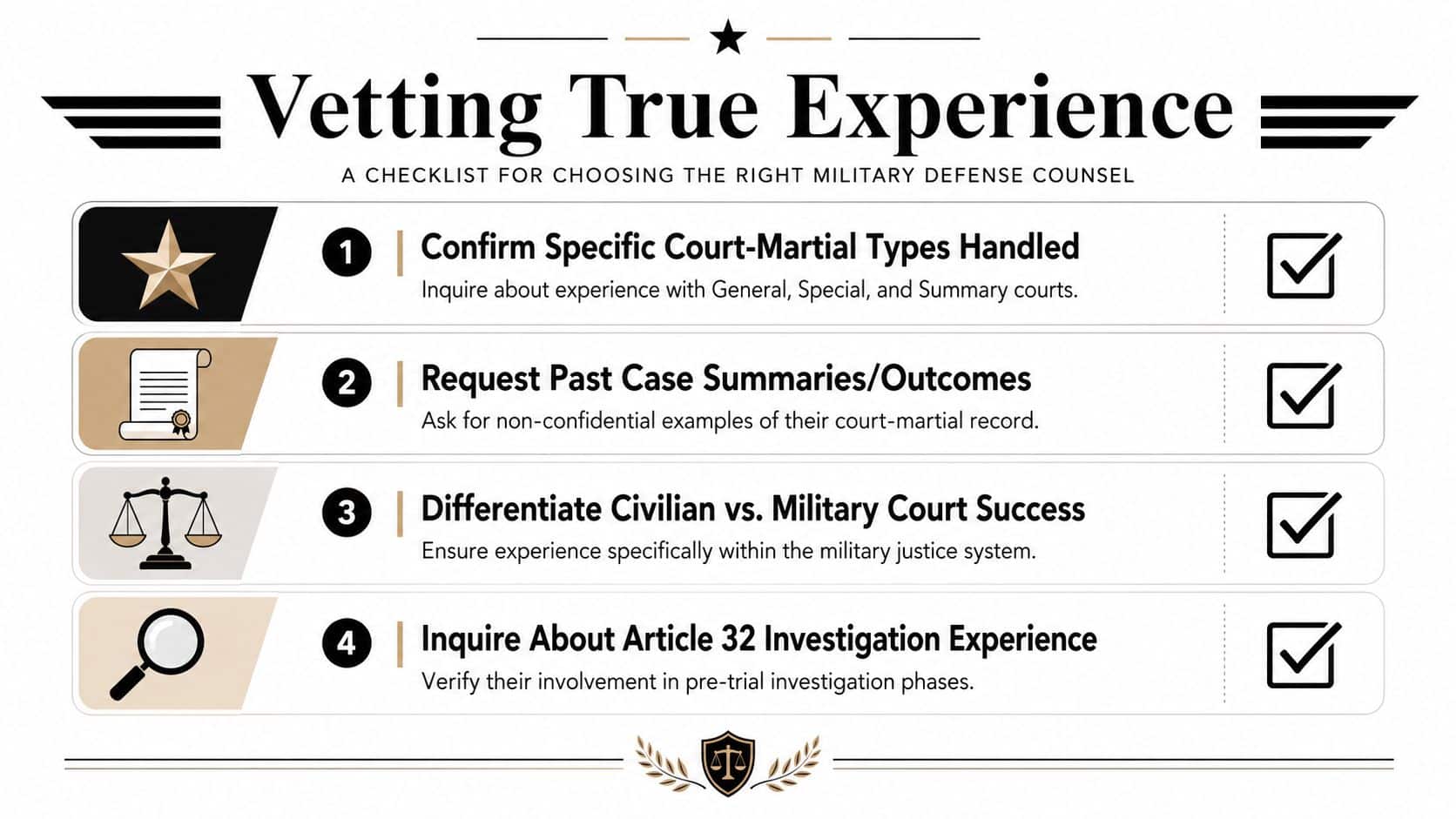 How to Find a Civilian Military Defense Lawyer with Court-Martial Experience 2 A checklist for choosing a qualified military defense counsel, highlighting key vetting questions for legal representation.