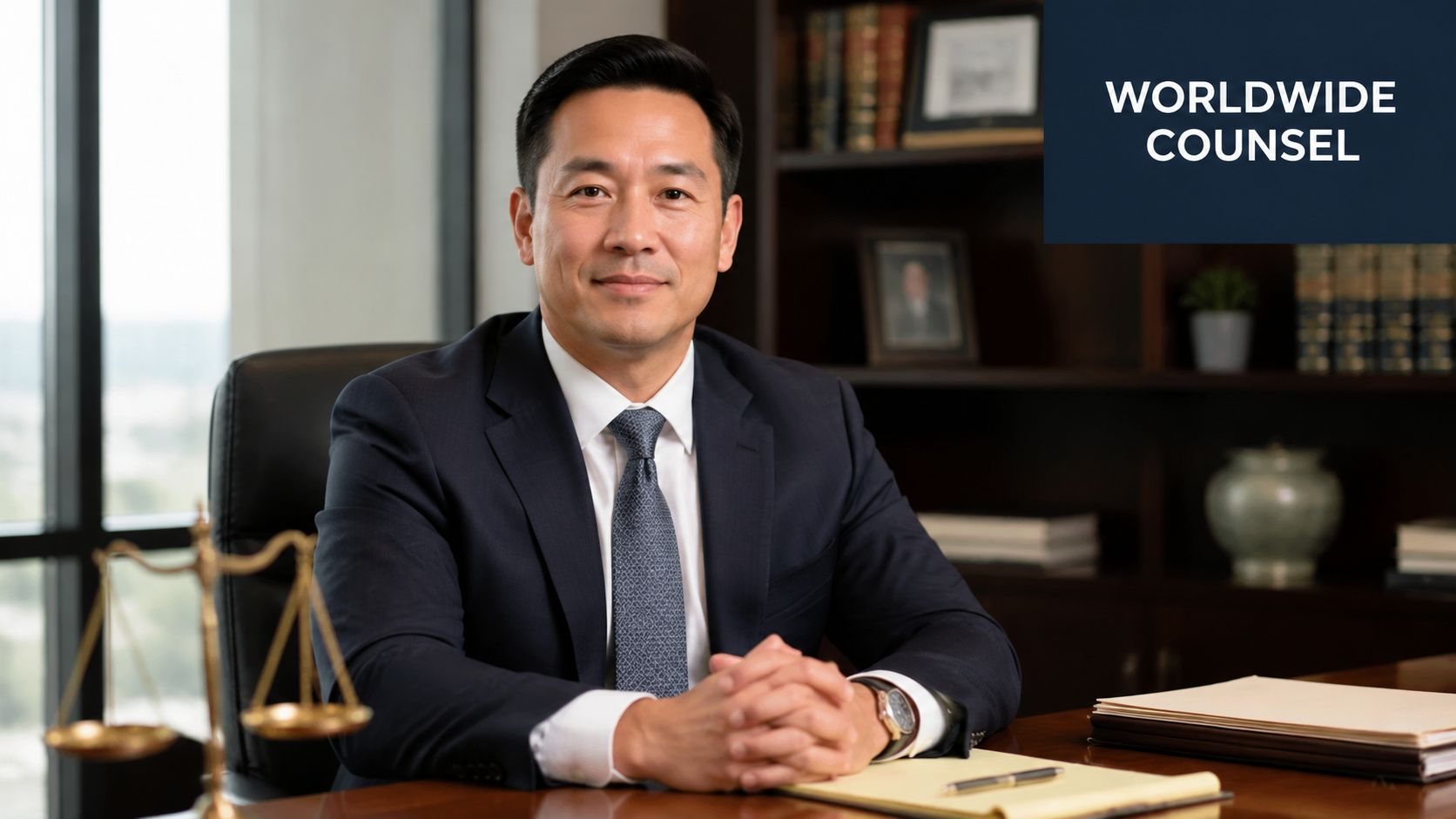What Does a Civilian Military Defense Lawyer Do in a Court-Martial? Your Guide 4 A professional Asian male attorney in a suit sitting at his desk with legal scales.
