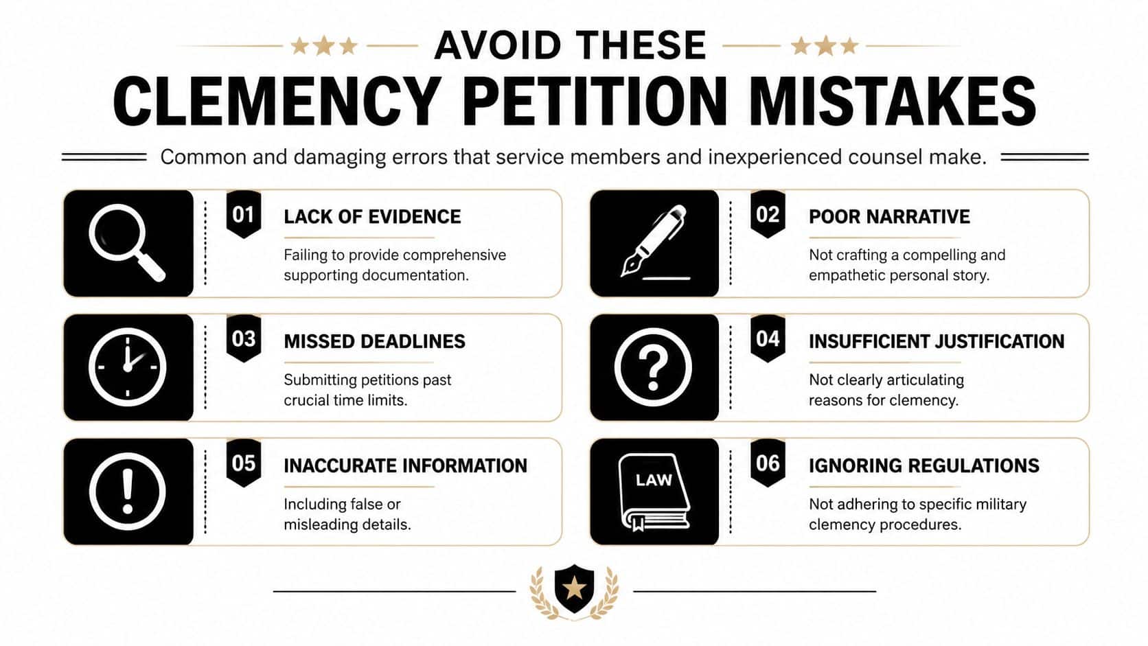 What Is Clemency in Law? Your 2026 Guide to Post-Trial 3 An infographic titled Avoid These Clemency Petition Mistakes, listing six common errors made during the military legal process.